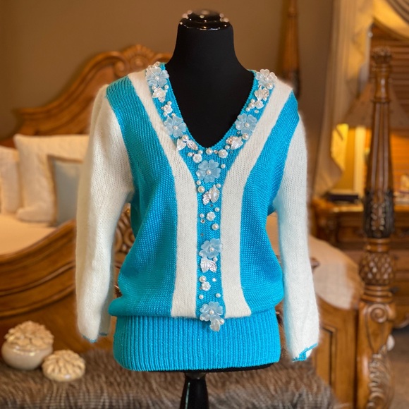 Vintage Sweaters - Vintage Turquoise Embellished Angora Sweater Sz M